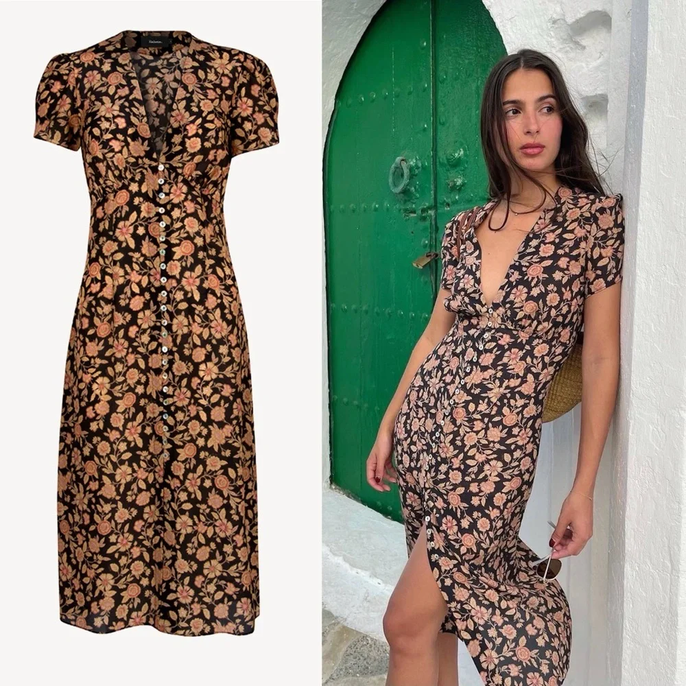 Realisation The Monica Silk Floral Midi Dress Fantasy Black Pink Small EUC - Picture 1 of 14